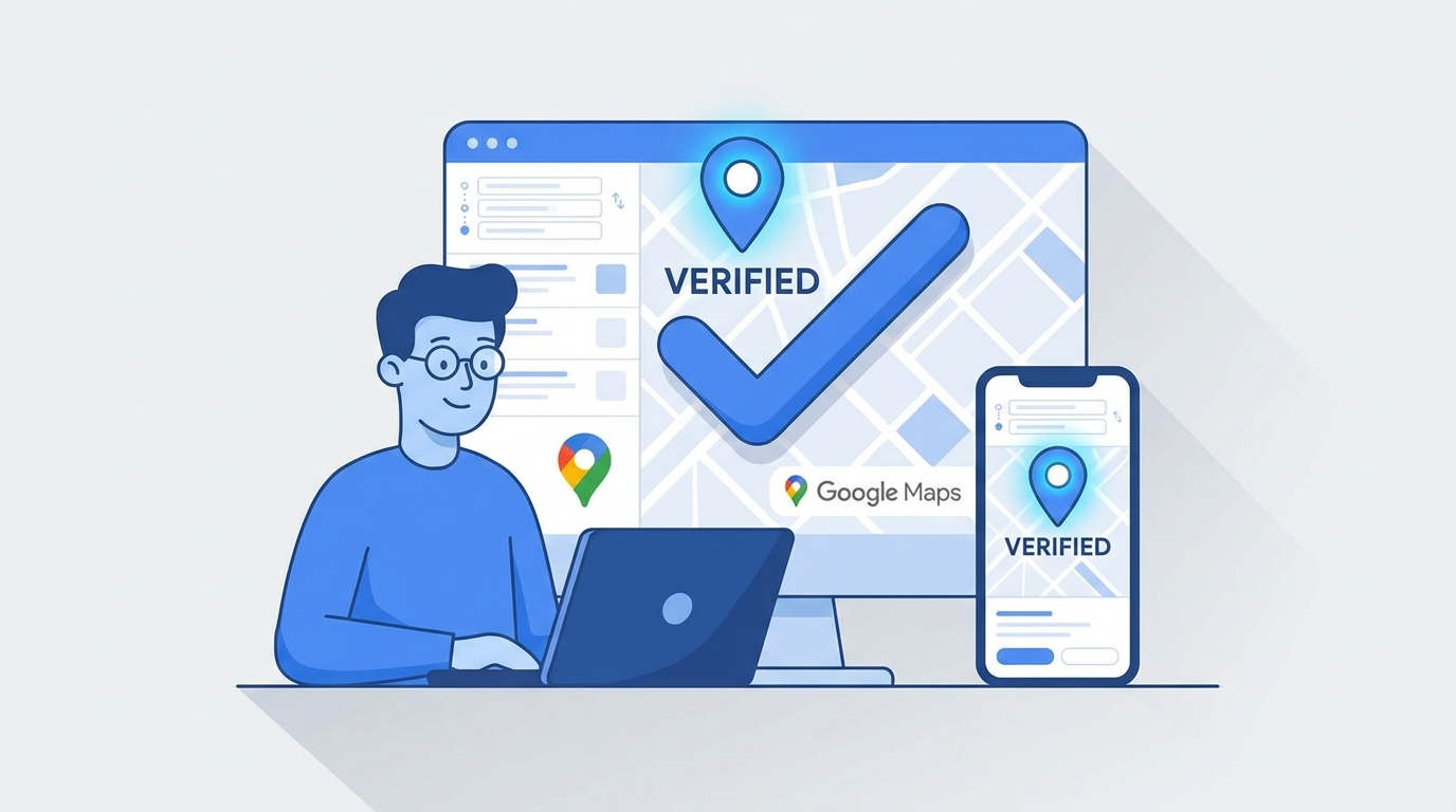 Верификация компании в Google Maps на смартфоне и ноутбуке